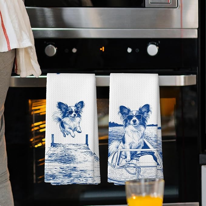 Lake House Decor Papillon Kitchen Towels Set of 2, Summer Funny Lake Dog Coastal Bathroom Hand Towel, Dog Lover Gifts Tea Towel Dish Towels 16x24 Inch
