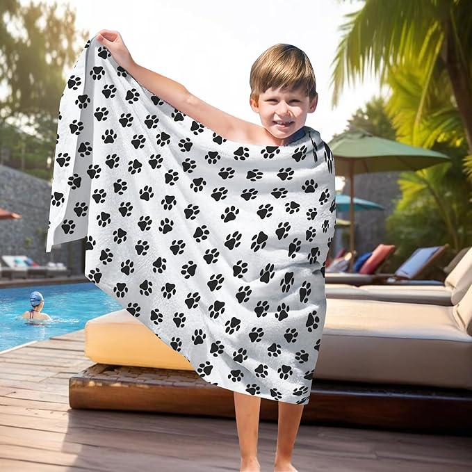 Cute Paws Dog Pet Beach Towel Gifts for Women Dog Lovers Owner, Funny Black and White Microfiber Quick Dry Travel Sand Free Beach Towels Oversized Decor for Bathroom Swimming Pool 30x60 Inch