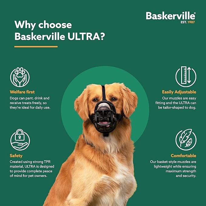 Baskerville ULTRA Muzzle - Patented Humane Design, Breathable, Dog can Pant and Drink, Adjustable, Padded, Dog Training Muzzle for Large Dogs, Prevents Biting, Wildlife Scavenging (Size 6, Black)