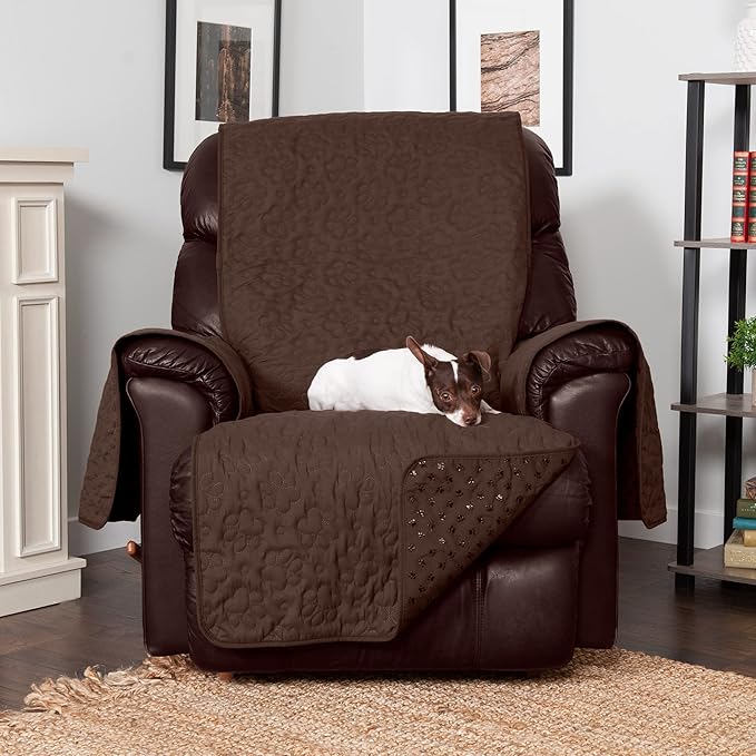 Furhaven Waterproof & Non-Slip Recliner Chair Cover Protector w/ Side Pockets for Dogs, Cats, & Children - Quilted Paw Print Living Room Furniture Cover - Espresso, Recliner