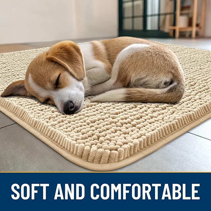 Smiry Dog Door Mat for Muddy Paws 70x35, Absorbs Moisture and Dirt Doormat, Non-Slip Washable Quick Dry Chenille Front Door Mat Indoor Entrance, Entryway Carpet for Inside Floor, Beige