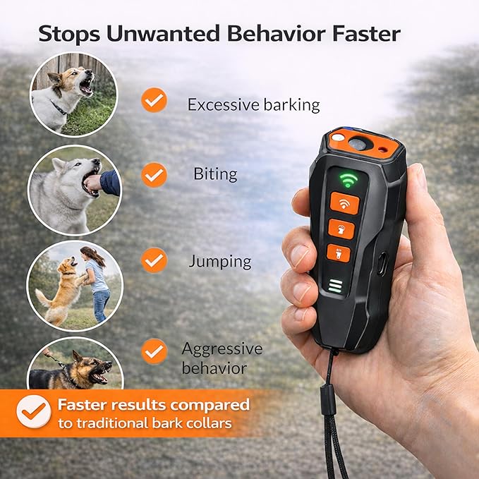 Dog Anti Barking Device - Portable Ultrasonic Dog Bark Deterrent with Rechargeable 1200mAh Battery, Waterproof, 50ft Coverage & 20-Hour Battery Life - Dog Barking Stopper Suitable for All Dogs