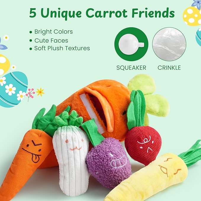 Nocciola Easter Squeaky Carrot Dog Toy Set– Hide and Seek 5 Small Carrots Inside a Large Plush Carrot with Squeaker & Crinkle Sounds for Small Medium Large Breeds, Spring Pet Gifts