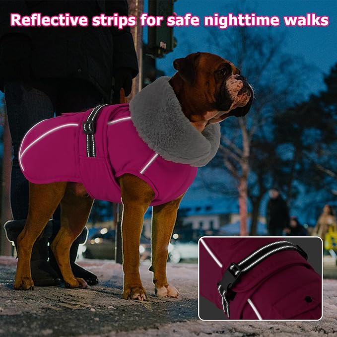 Dogcheer Dog Coat with Pocket, Waterproof Dog Jacket with Adjustable Buckle, Reflective Puppy Winter Coat Warm Turtleneck Fleece SnowJacket for Small Medium Large Dogs - Pink 2XL