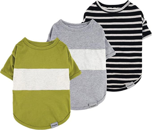 Fitwarm 3 Pack Color Block Striped Dog Shirt, Summer Dog Clothes for Small Dogs, Breathable Lightweight Pet Tshirt with Sleeves, Cat Outfit, Oliver Green, Grey, Black, Small
