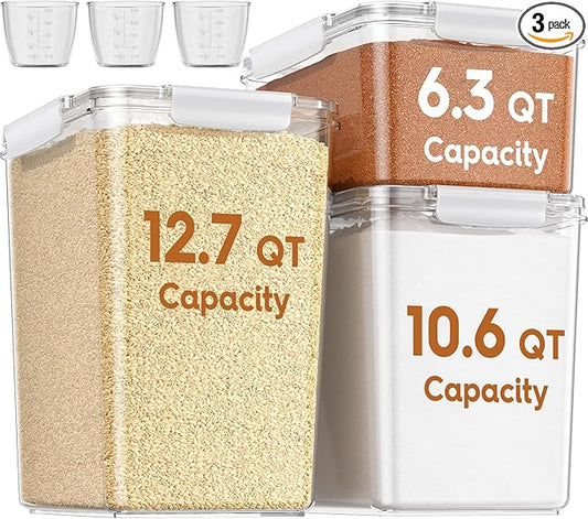 Flour Sugar Storage Containers Set of 3(12L/403oz)(10L/336oz) (6L/201oz),Clear Extra Large Food Storage Containers with Lids for Cereal,Flour,Sugar,Rice,BPA Free & Airtight Kitchen Pantry Organization