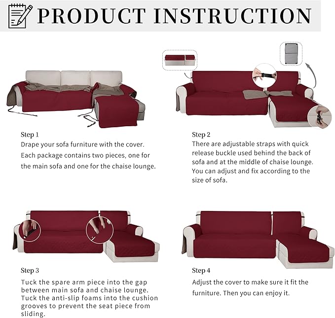 Easy-Going Waterproof Sectional Couch Covers with Chaise 2-Piece Non Slip L Shape Sofa Cover for Dogs Leakproof Furniture Protector Cover with Adjustable Strap for Pets (X-Large, Christmas Red)
