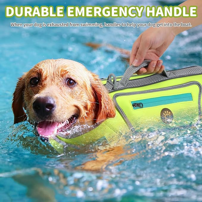 Dog Swimming Vest with D-Ring, Lightweight Dog Life Vests for Boating, Reflective Pet Lifejackets Swimsuit Neoprene Dogs Life Jacket with Rescue Handle for Small Medium Dogs (Green, S)