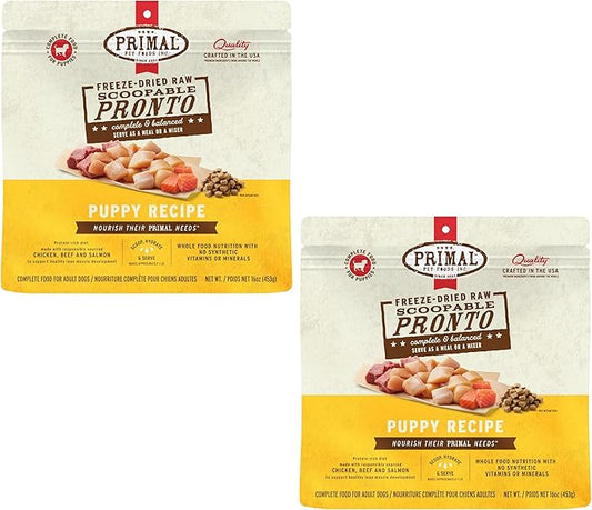 Primal Freeze Dried Puppy Dog Food, Pronto Mini Nuggets; Scoop & Serve, Complete & Balanced Meal; Also Use As Topper or Treat; Premium, Healthy, Grain Free, High Protein Raw Dog Food 16 oz (Pack of 2)