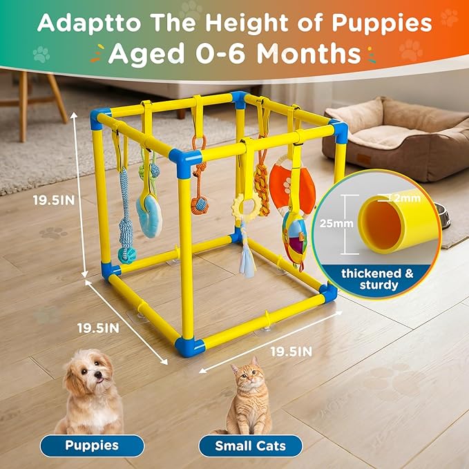 TOOGE Upgraded Puppy Play Gym: Small Dog Puppy Jungle Gym Playground Adjustable Hanging Dogs Enrichment Chew Toys for Puppies 0-6 Months Training Activity Center for Interactive Teething Stimulation