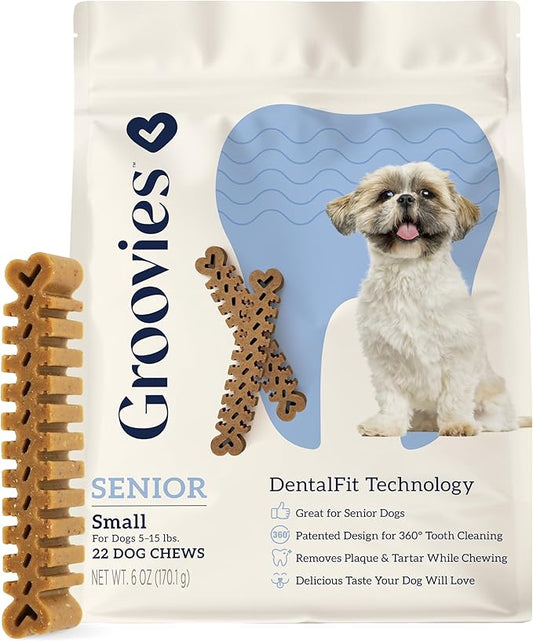 Groovies Gentle & Flexible Senior Dog Dental Chews, Contact-Cleaning Design Supporting Tartar Control & Fresh Breath, Oral Care Treats, USA Manufactured, Patented DentalFit Tech, Small Dogs, 22 Chews
