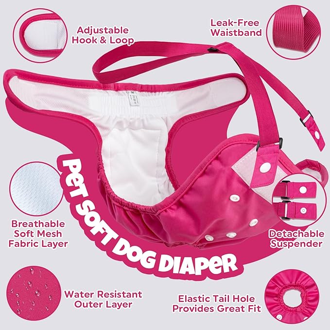 Pet Soft Dog Diapers Female with Suspenders, 3 Pack Reusable Female Dog Diapers for Heat, Dog Period Panties for Doggie in Cycle(Large, Berry Mix)