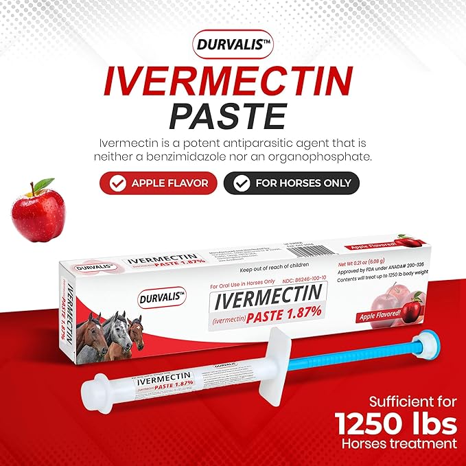 Ivermectin Horse Paste 1.87% Dewormer 6.08g Dose-Effective Appled Flavored Ivermectin Paste for Equine Care,Horse Deworming Paste -for Horses Up to 1250 lb (2 Pack)