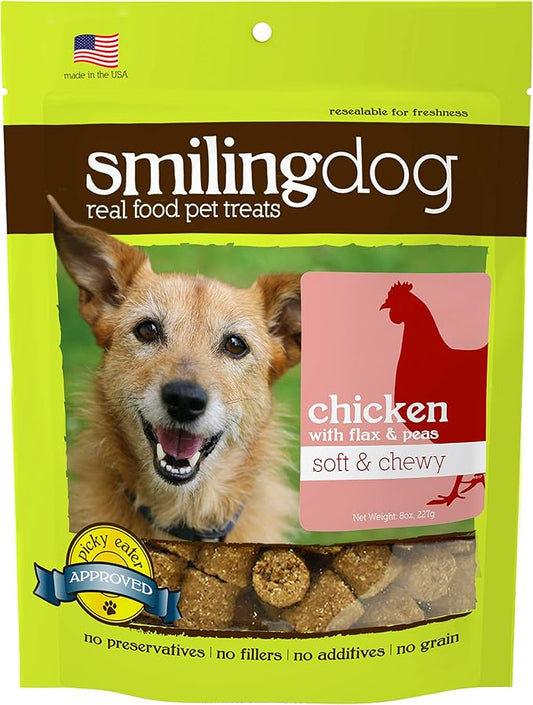 Herbsmith Smiling Dog Treats - Soft and Chewy Dog Treats for Senior Dogs - Dog Training Treats - Real Chicken Dog Treats with Flax & Peas - 8 oz