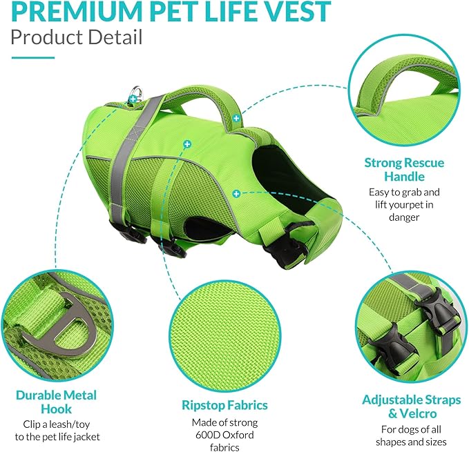 Queenmore Adjustable Ripstop Dog Life Vest for Swimming & Boating, Dog Lifesaver with Superior Buoyancy & Rescue Handle, Green, Small