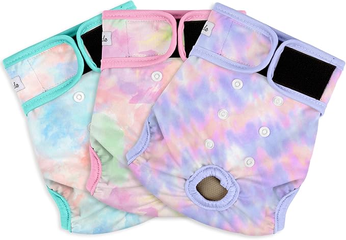 3 Pack Female Dog Diapers - Reusable Diapers for Doggie in Heat - Highly Absorbent Dog Diapers Female for Pet Incontinence with Adjustable Snaps (Tie Dye, S)