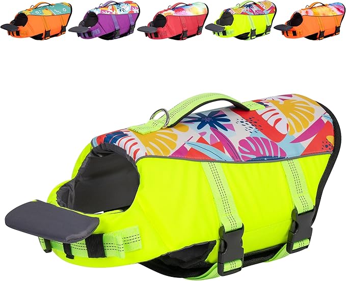 cyeollo Dog Life Jacket Reflective Printed Dog Life Vest for Swimming Boating, High Buoyancy Pet Safety Vest Lightweight Small Medium Large Dog Lifejackets with Front Float, Fluorescent Yellow S