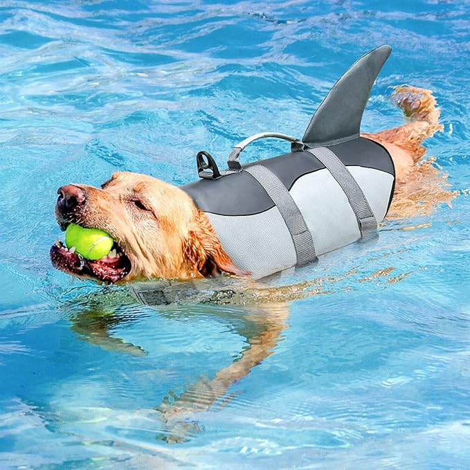 Malier Dog Life Jacket, Ripstop Dog Life Vest with High Buoyancy for Swimming Boating, High Visibility Shark Puppy Lifesaver for Small Medium Large Dogs (X-Large)