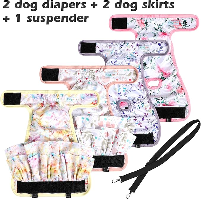 Washable Female Dog Diapers (4 Pack+1 Suspenders), Reusable Female Girl Doggy Doggie Puppy Wraps Panties Belly Band for Pet Heat Period Pooping Peeing Potty Training Incontinence Marking Heart Large