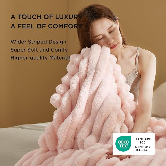 Bedsure Pink Throw Fuzzy Blanket for Couch - 350GSM Super GentleSoft Fluffy Cozy Plush Blankets for Women, Cute Small Fleece Throws for Girls, 50x60 Inches, Wider Striped Design