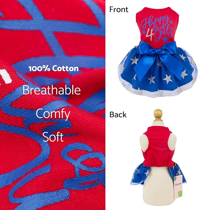 Fitwarm Happy 4th of July Dog Tulle Dress, Patriotic Dog Clothes for Small Dogs Girl, Red and White Star Pet Outfit, Red, Royal Blue, Small