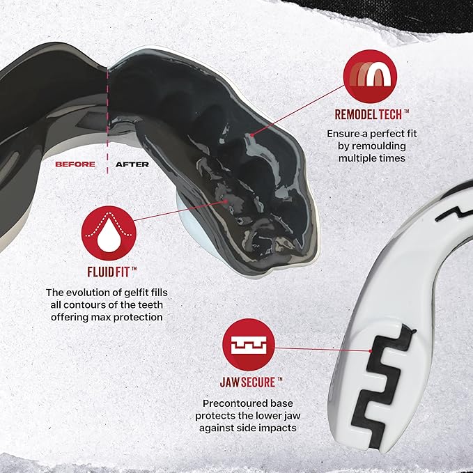 SAFEJAWZ Mouth Guard, Dual Layer Mouthguard for Adults with Case, Easy Fit Remoldable Mouthpiece for Football, Boxing, Lacrosse, MMA, Basketball & All Contact Sports (Adult 12+ Years, Mo White)