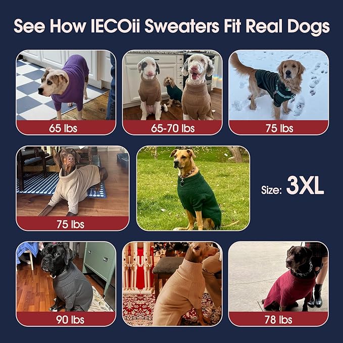 IECOii XXXL Dog Sweater,Warm Dog Sweaters for Extra Large Dogs Girl Boy,Stretchy & Cozy,Turtleneck Knitted Pullover for Pet Wear On Holiday,Easy On Doggy Sweatshirt for Labrador (White,XXXL)