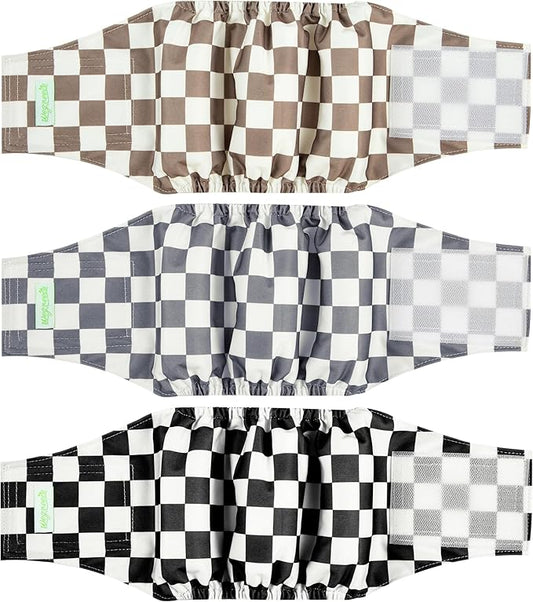 wegreeco Washable Male Dog Belly Band (Stylish Pattern)- Pack of 3 - Washable Male Dog Belly Wrap, Dog Diapers Male (Black, Grey, Dark Coffee Checkerboard, X-Small)