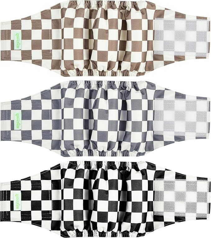 wegreeco Washable Male Dog Belly Band (Stylish Pattern)- Pack of 3 - Washable Male Dog Belly Wrap, Dog Diapers Male (Black, Grey, Dark Coffee Checkerboard, Small)