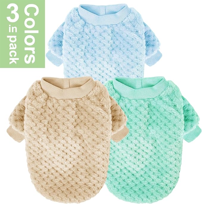 POMIU Dog Sweater, Dog Sweaters for Small Medium Dogs or Cat, Warm Soft Flannel Pet Clothes for Dogs Girl or Boy, Dog Shirt Coat Jacket (Ice Blue+Light Coffee+Teal, Small)