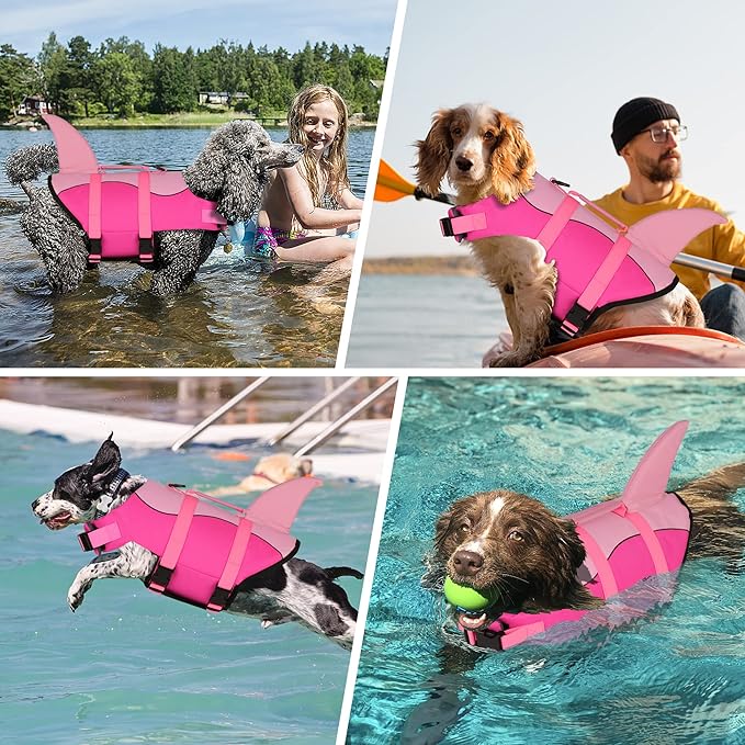 Dogcheer Dog Life Jacket, Cute Shark Dog Life Vest for Swimming Boating with Superior Buoyancy & Rescue Handle, Adjustable Puppy Floating Swim Vest for Small Medium Large Dogs - Pink, L