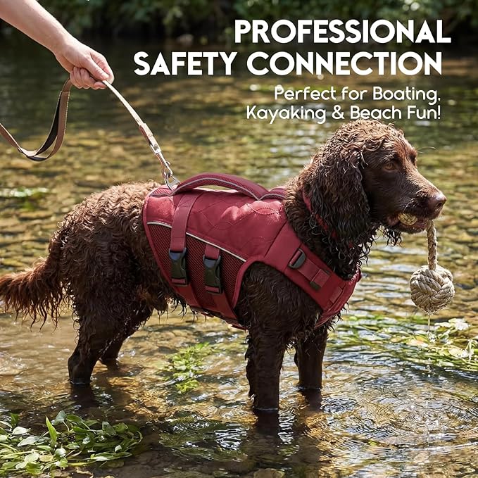 ASENKU Dog Life Jacket, High Floatation Dog Swimming Vest with Rescue Handles for Small Medium Large Dogs, Pet Safety Swimsuit Preserver for Pool Beach Boating (WineRed, S)
