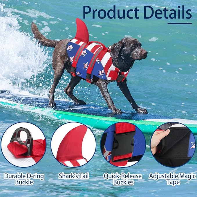 Dog Life Jacket, American Flag Ripstop Shark Dog Life Vest for Swimming & Boating, High Buoyancy Reflective Pet Vest with Rescue Handle, for X-Small/Medium/Large/X-Large Dogs (USA Flag, L)
