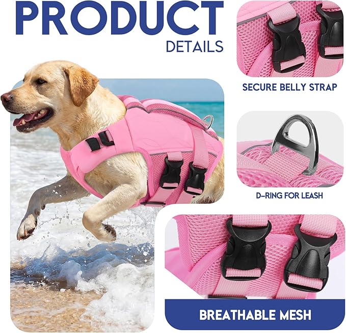 ASENKU Dog Life Jacket, High Floatation Dog Swimming Vest with Rescue Handles for Small Medium Large Dogs, Pet Safety Swimsuit Preserver for Pool Beach Boating (LightPink, XL)