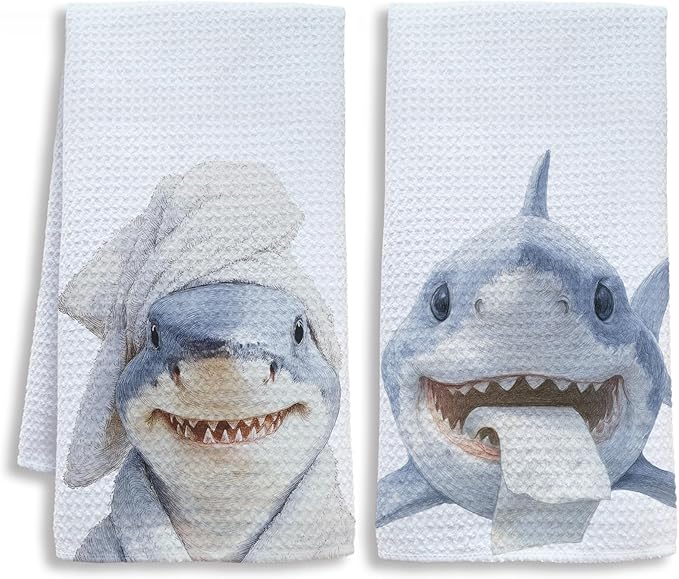 Funny Shark Bathroom Decor Hand Towels, Kids Bathroom Decor, Coastal Ocean Animal Hand Towels for Kids Bath Room Washroom, Gifts for Shark Lovers, 16x24 Inch Set of 2