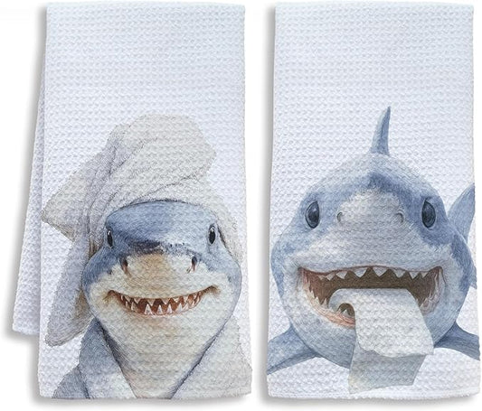 Funny Shark Bathroom Decor Hand Towels, Kids Bathroom Decor, Coastal Ocean Animal Hand Towels for Kids Bath Room Washroom, Gifts for Shark Lovers, 16x24 Inch Set of 2