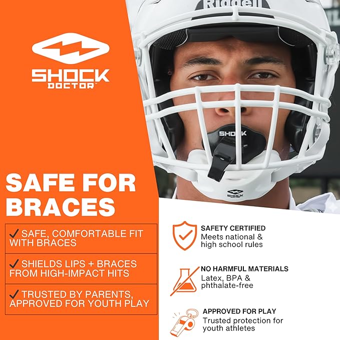 Shock Doctor Bolt Lipguard, Adult Mouth Guard Football with Strap. Mouthguard One Size Fits All