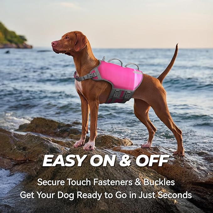 VIVAGLORY Neoprene Dog Life Vest, Dog Life Jacket for Swimming & Boating, Lightweight & Buoyancy for Puppy Doggy, Swimming Vest with Handle, XL, Raspberry Pink