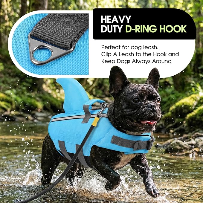 SUNFURA Dog Life Jacket Shark Life Vest for Dogs, Adjustable Swmming Vest with High Buoyancy, Safety Lifesaver with Rescue Handle for French Bulldog Small Medium Breeds, Blue XS