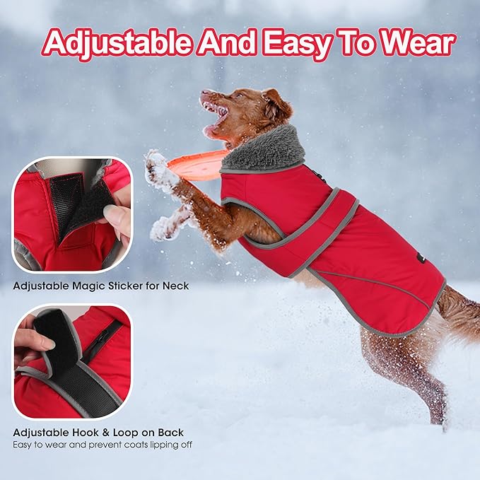 Dogcheer Dog Coat, Waterproof Dog Jacket Reflective Pet Winter Coat with Adjustable Hook & Loop, Christmas Puppy Fleece Jacket Warm Turtleneck Snowsuit for Small Medium Large Dogs - Red, M