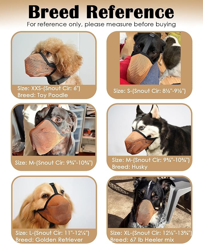 Mayerzon Dog Muzzle, Soft Mesh Muzzles for Large Medium Small Breed Labrador Retriever Husky Beagle Poodle, Adjustable Dog Mouth Guard for Scavenging Licking Grooming, with Matching Collar(S, Brown)