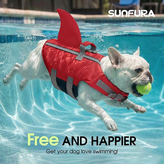 SUNFURA Dog Life Jacket Shark Life Vest for Dogs, Adjustable Swmming Vest with High Buoyancy, Safety Lifesaver with Rescue Handle for French Bulldog Small Medium Breeds, Burgundy S