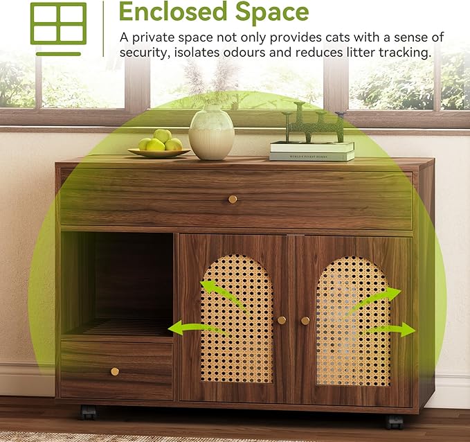 LITTLE TREE Wooden Cat Litter Box Enclosure with Wicker Doors, Hidden Litter Box Cabinet Furniture, Multi-Functional Storage Cabinet for Home Decor, Indoor Cats House for Privacy & Odor Control