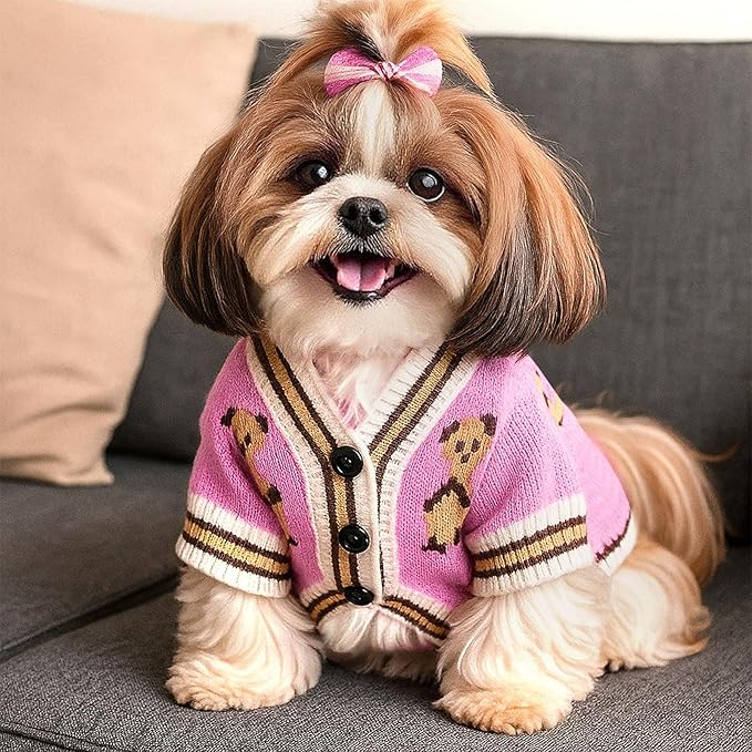 Small Dog Sweaters Cute Bear Dog Cardigans Clothes for Small Medium Dogs Boy Girl Puppy Cat Knitting Cardigan Outfits Dogs Winter Coats Warm Pet Doggy Clothes Soft Knitwear (Pink, Large)