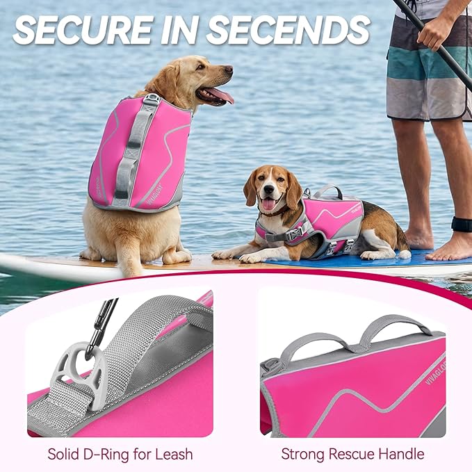 VIVAGLORY Neoprene Dog Life Vest, Dog Life Jacket for Swimming & Boating, Lightweight & Buoyancy for Puppy Doggy, Swimming Vest with Handle, XL, Pink