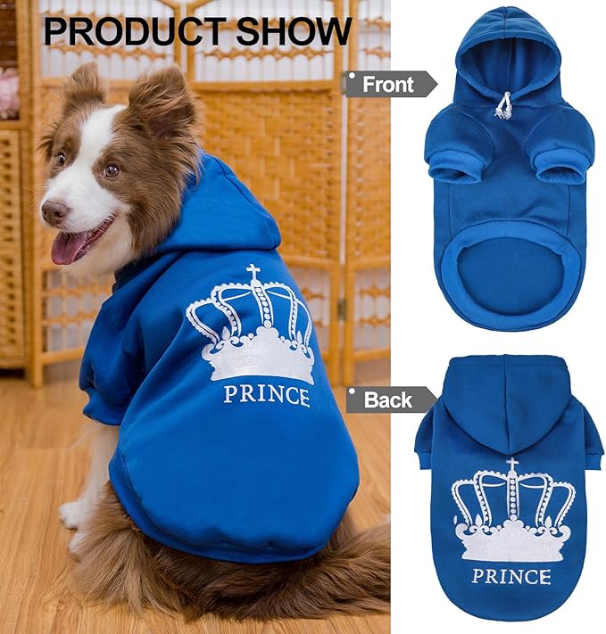 EXPAWLORER Prince Dog Hoodie for Boy - Hooded Doggie Sweater with Leash Hole, Cold Weather Clothes,Sweatshirt with Pocket, Pet Warm Outfit, Winter Coats for XS-XXL Dogs
