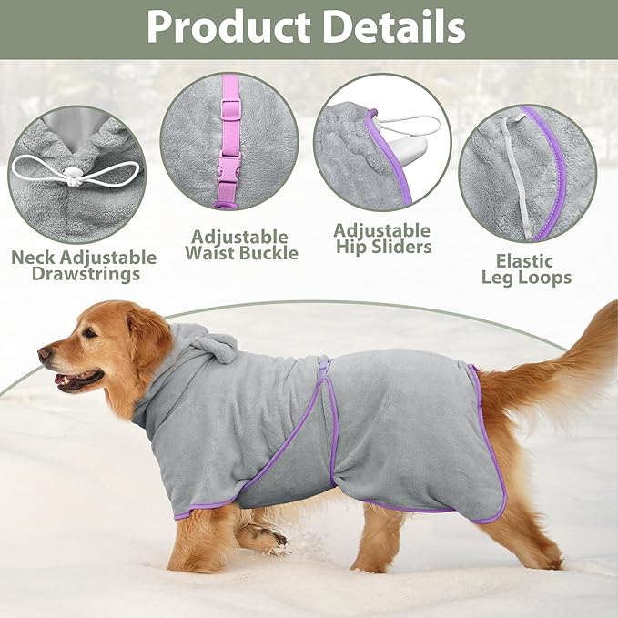 Dog Bathrobe Super Absorbent Towel Robe - Microfiber Bath Towels Fast Drying Coat for Dogs, Cute Dogs Clothes Adjustable Collar & Belly Strap Warm Keeping Hooded Dog Towel (Grey, Medium)