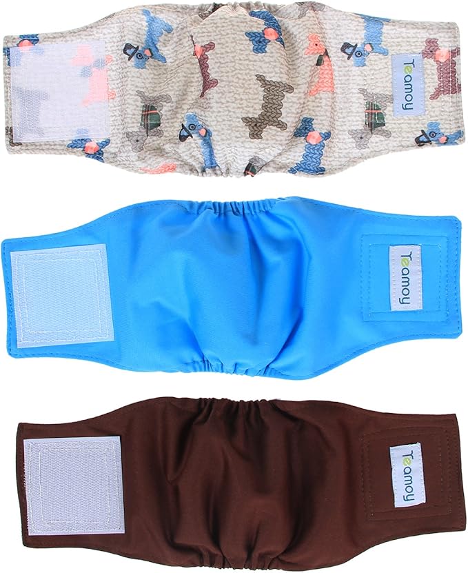 Teamoy Reusable Wrap Diapers for Male Dogs, Washable Puppy Belly Band Pack of 3 (XS, 7"-9" Waist, Light Blue+ Dogs+Coffee)