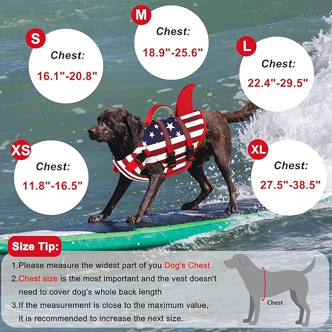 Dogcheer Harness-Style Dog Life Jacket Shark, Reflective American Flag Dog Life Vest for Swimming Boating, High Buoyancy Pet Swim Vest for Small Medium Large Dogs - USA Flag, S
