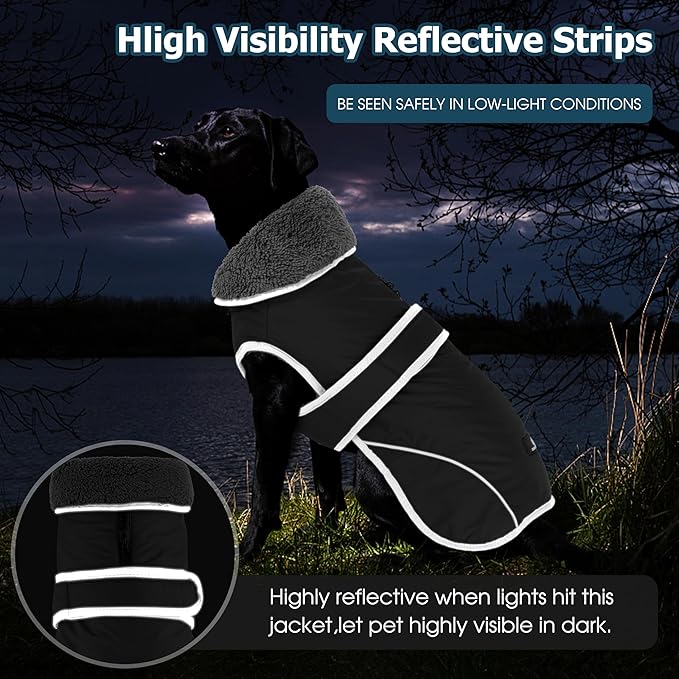 Dogcheer Dog Coat, Waterproof Dog Jacket Reflective Pet Winter Coat with Adjustable Hook & Loop, Christmas Puppy Fleece Jacket Warm Turtleneck Snowsuit for Small Medium Large Dogs - Black, L